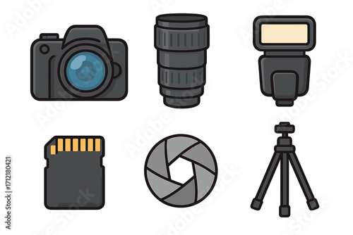 Photography equipment icons set including camera, lens, tripod, flash, memory card, aperture symbol, vector cartoon illustration with transparent background for design and creative projects