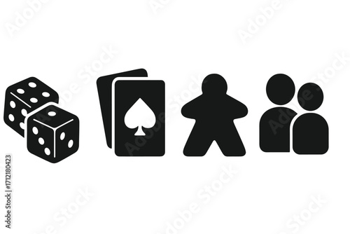 Board game icon set with dice, cards, meeple pawn and player symbols. Vector silhouette collection for tabletop gaming, hobbies, and leisure. Gambling and family fun concept.