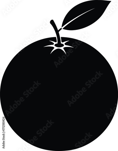 Black silhouette of an orange fruit with leaf and stem, simple fruit design