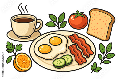 Classic American breakfast plate with fried eggs, bacon, toast, and coffee. Complete morning meal food set. Vector cartoon illustration with fresh orange and tomato.