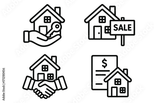 Real estate icons set with home buying, selling, mortgage, property investment, and housing market concepts in linear vector style, cartoon illustration, transparent background, ordered collection