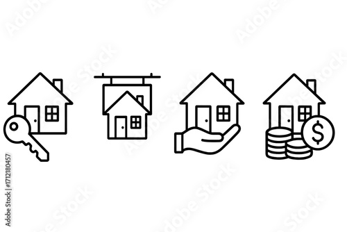 Real estate linear icons set for home buying, selling, mortgage, property investment, key house, hand holding home, financial concept, vector cartoon illustration transparent background