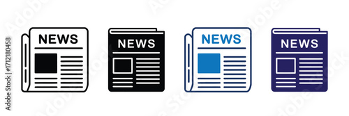 Set of four newspaper icons, each displaying the word news and a simplified layout of text and images, presented in various styles including outline, solid black, and blue color variations,