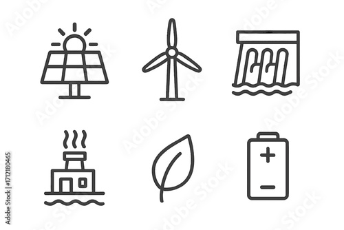 Minimalist linear renewable energy icons set with solar panel, wind turbine, hydroelectric dam, geothermal plant, eco leaf, and battery vector cartoon illustration on transparent background