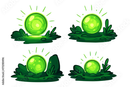 Set of bright green glowing energy orbs. Mystical fantasy magic power ball emitting light. Nature power source concept. Vector cartoon illustration for game asset or icon.