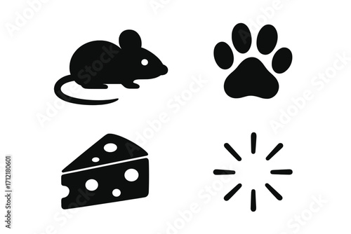 Silhouette icons of mouse, paw prints, cheese slices, and related cartoon elements, vector set of adorable animal and food symbols with transparent background, perfect for design projects