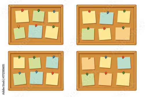 Bulletin boards set with sticky notes. Corkboard with pushpins for organization and reminders. Blank paper for message. To do list concept. Office memo board vector illustration.