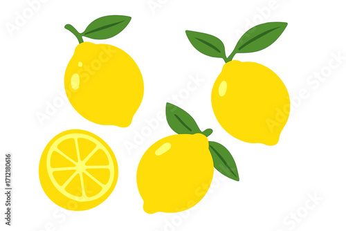 Lemon fruit vector illustration set. Yellow citrus with green leaf and slice. Cartoon flat design for food, juice, vitamin C, lemonade, cooking, health. Fresh, organic icon.