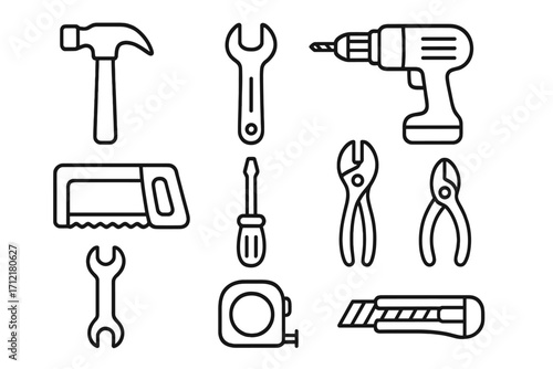 Simple line art tools collection including hammer, wrench, drill, saw, screwdriver, pliers, tape measure, utility knife for DIY, home repair, construction projects, vector illustration