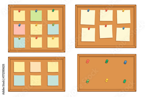 Vector cartoon collection of bulletin boards with sticky notes. Corkboard with pushpins for reminders, messages, and organization. Office noticeboard with empty paper notes.