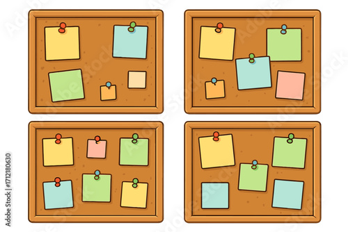 Set of cork bulletin boards with colorful sticky notes and pushpins. Concept for organization, reminders, planning, and to-do lists. Vector cartoon illustration for office or school use.