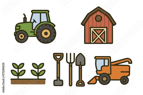 Simple farm icons set including tractor, barn, plants, tools, and agriculture machinery. Vector cartoon illustration with transparent background, organized collection for farming and rural concepts.