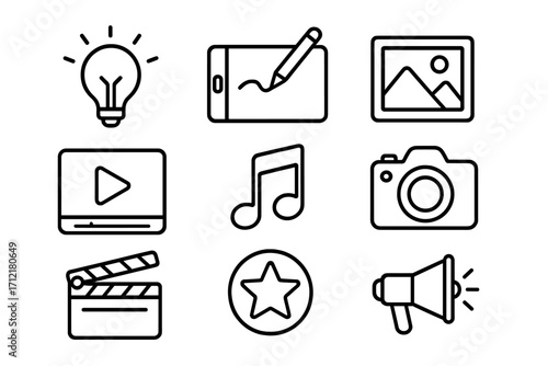 Simple line icons for creative digital content and media, vector set with transparent background, modern cartoon style symbols for technology, media, creativity, and communication tools