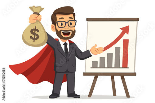 Superhero businessman with money bag presents growth chart. Financial success, investment profit, and achievement concept. Cartoon vector of a manager hero at presentation.