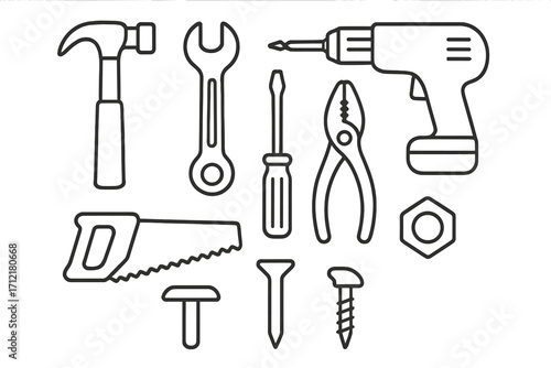 Simple line art tools collection featuring hammer, wrench, drill, screwdriver, pliers, and more for DIY projects and home repair, vector cartoon illustration with transparent background, ordered set