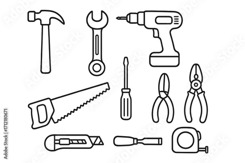 Simple line art tools collection featuring hammer, wrench, drill, screwdriver, and other essential DIY hand tools for home improvement and repair projects, vector cartoon illustration set