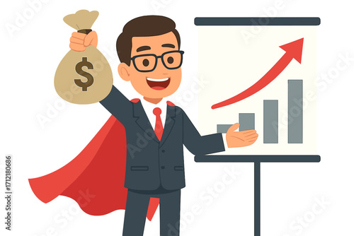 Successful businessman superhero with money bag shows growth chart. Business hero metaphor for financial success, profit, investment return, salary increase, and achievement.