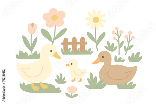 Cute duck family in spring garden with flowers. Vector flat illustration for kids. Cartoon goose and duckling characters set. Charming farm animal scene pastel color concept.