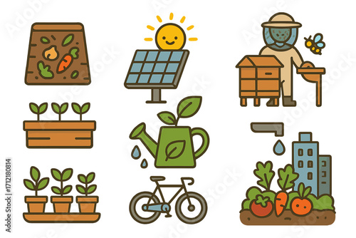 Sustainable urban gardening icons set with composting, solar energy, beekeeping, eco-friendly practices, green living, environment conservation, vector cartoon illustration with transparent background