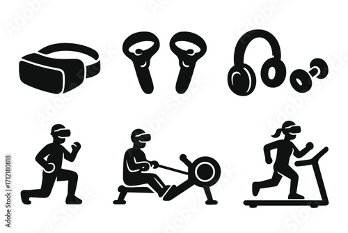 Virtual reality fitness icon set with VR headset, controllers, headphones, dumbbells, and active silhouettes doing lunges, rowing, running on treadmill, silhouette vector illustration