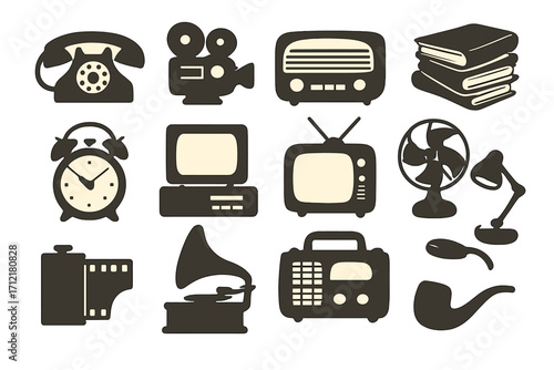 Vintage retro icons set of classic gadgets and objects in silhouette style, vector cartoon illustration with transparent background, ordered collection of old technology and household items