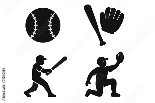 Vintage silhouette icons of classic baseball gadgets and accessories, vector cartoon illustration with transparent background, baseball bat, glove, ball, player batting, and player catching