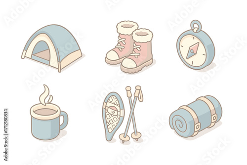 Winter adventure icon set with camping gear and navigation tools in pastel isometric style, cartoon vector illustrations, transparent background, ordered collection for outdoor travel and exploration