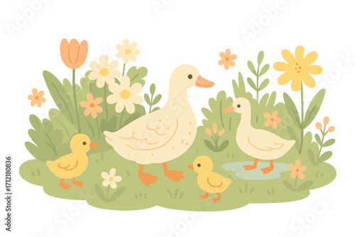 Cute duck family with ducklings in spring garden. Mother goose and goslings in flower meadow. Vector cartoon illustration for kids. Farm bird animal character design set.