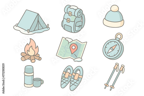 Winter adventure icon set featuring pastel isometric camping gear, navigation tools, and outdoor equipment, cartoon vector illustration with transparent background, unique ordered collection
