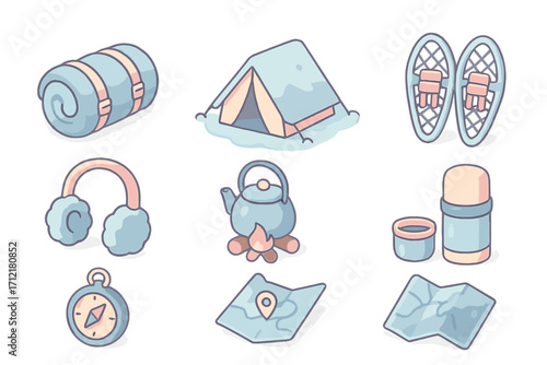 Winter adventure camping gear icon set in pastel colors, includes sleeping bag, tent, snowshoes, earmuffs, kettle on campfire, thermos, compass, maps, soft isometric cartoon style vector
