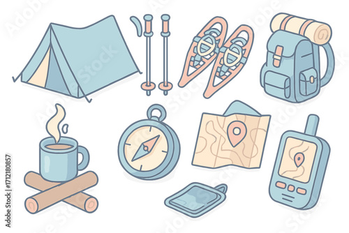 Winter adventure camping gear and navigation icons set, pastel isometric style vector illustration, outdoor equipment collection with tent, snowshoes, compass, map, backpack, GPS, hot drink, and poles