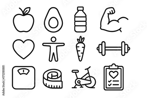 Linear icons of nutrition and fitness elements for a healthy lifestyle, vector cartoon set with transparent background, including diet, exercise, wellness, health, and activity symbols