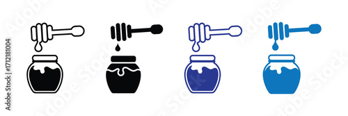 Set of four icons depicting a honey dipper with dripping honey over a jar, in black, white, and blue variations, isolated on white background