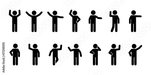 Stickman hand gesture poses. Silhouette people raising hand, waving, greeting, asking, presenting, and standing with body language. Vector icons for communication, meeting, introduction, or interactio