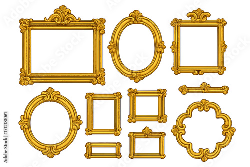 Ornate golden picture frames set. Collection of vintage decorative gold borders. Vector illustration of classic, luxury, antique baroque and rococo style photo or mirror frames.