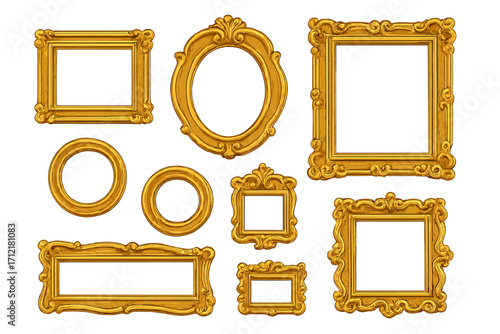 Set of ornate gold picture frames. Vintage baroque decorative elements. Luxury golden border collection for mirror, photo or painting. Vector illustration isolated on white.