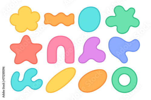 Colorful abstract shapes set. Collection of vibrant pastel geometric forms. Modern minimalist design elements for digital art. Cute cartoon blobs and stickers for decoration.