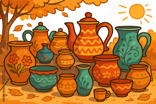 Colorful ceramic pottery collection at an autumn craft fair. Handmade clay vases and pots with unique folk art patterns. Vector cartoon illustration for a sunny market day.