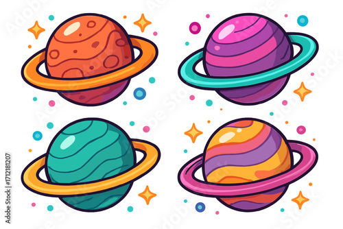 Set of cute cartoon planets with rings. Collection of colorful fantasy galaxy spheres for kids. Solar system space objects, cosmic astronomy vector illustration on white background.