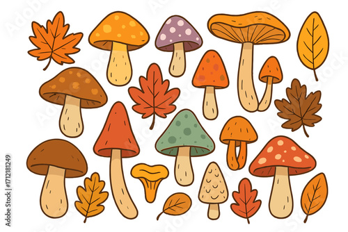 Cute mushroom collection vector set. Whimsical autumn forest elements with fall leaves. Cartoon fungus and foliage illustration for seasonal design. Doodle style natural icons.