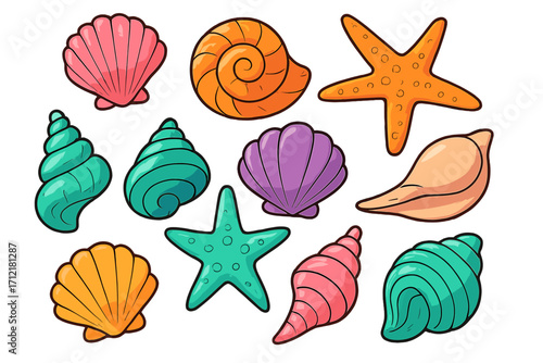 Colorful seashell and starfish vector set. Cartoon sea shell collection. Ocean marine life icons. Summer beach nature elements. Conch, clam, scallop animal illustration.