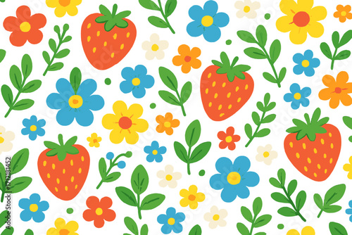 Cute strawberry and flower seamless pattern. Summer floral vector background with fruits and blossoms. Cheerful cartoon design for kids textile, wallpaper or wrapping paper.