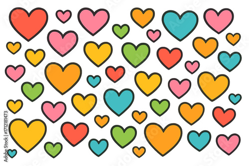 Colorful hearts pattern background. Love symbols for Valentine's Day celebration. Cute romantic cartoon vector illustration. Flat design graphic elements for wedding, party, kids.