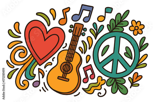 Colorful vector illustration with love, peace and music symbols. Groovy hippie retro style from the 60s and 70s. Guitar, heart and peace sign for harmony and freedom.