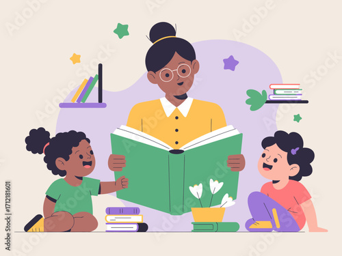 Engaging teacher reading a storybook to children fostering imagination and learning together in classroom