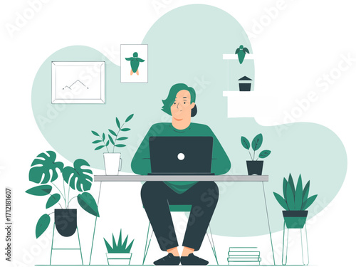 Modern professional working remotely on laptop surrounded by plants bringing a calming vibe
