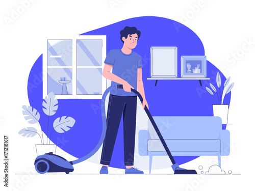 Man cleaning home floor with vacuum cleaner, enjoying chore in modern living room space