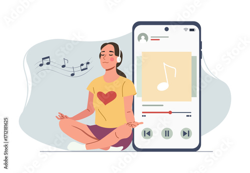 A girl listens to music on her smartphone using an online music service. Vector illustration.