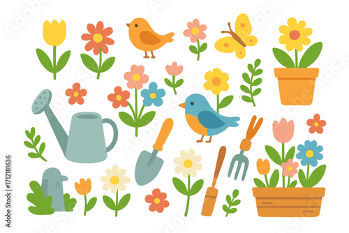 Spring garden vector illustration set. Cute flat cartoon collection with flowers, birds, butterfly, plants, watering can, trowel, fork, and pot. Isolated nature icons.