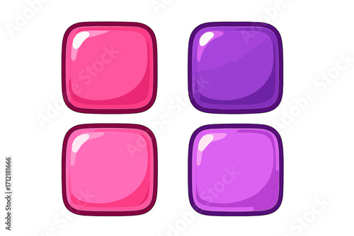 Set of glossy square candy buttons in pink and purple. Vector cartoon illustration for a vibrant gaming experience. UI, GUI assets for match-3 games or mobile apps.